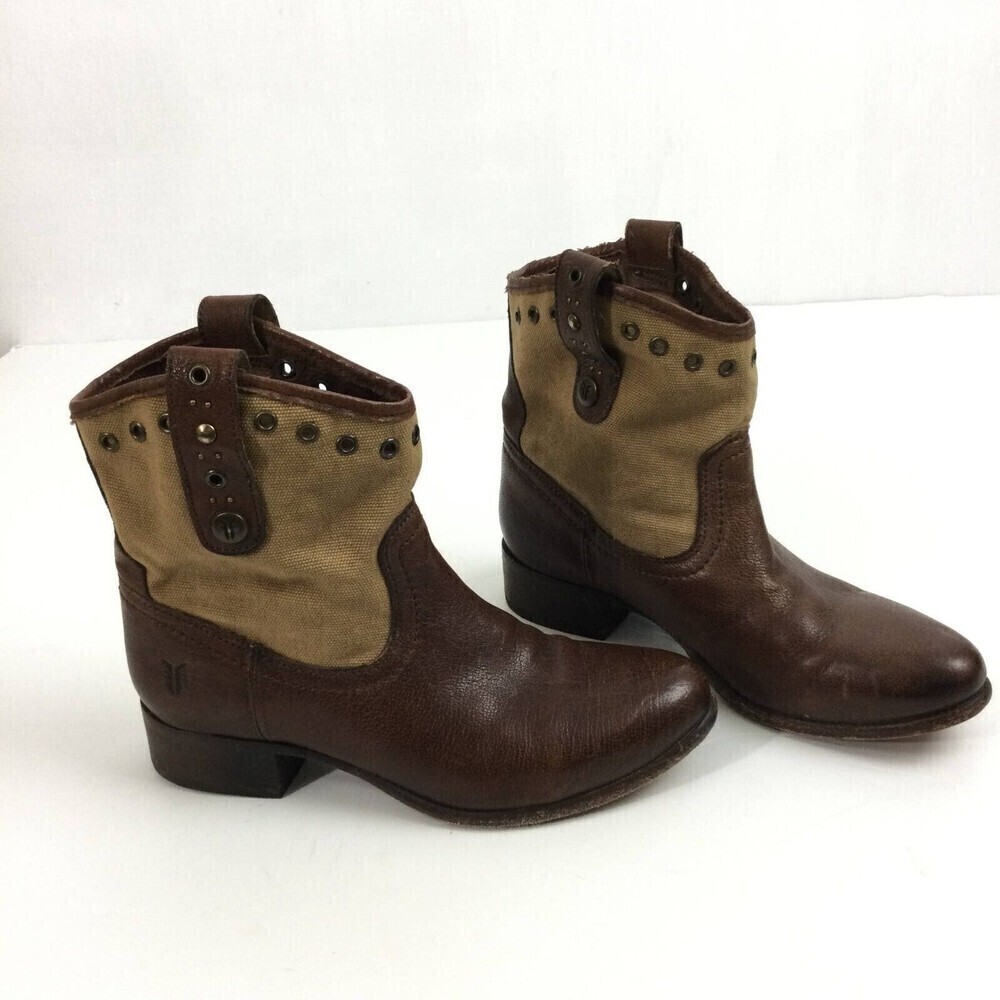 Frye Booties Brown Leather Canvas Grommet Rivet Short Ankle Western Boots Sz 5.5